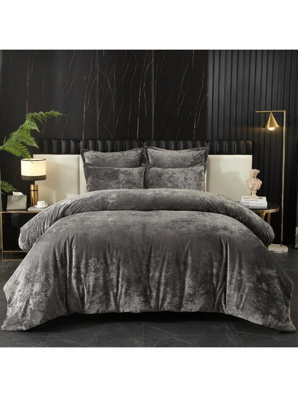 Luxury Crushed Velvet Queen Comforter Set, 5-Piece Ultra Soft & Breathable Grey